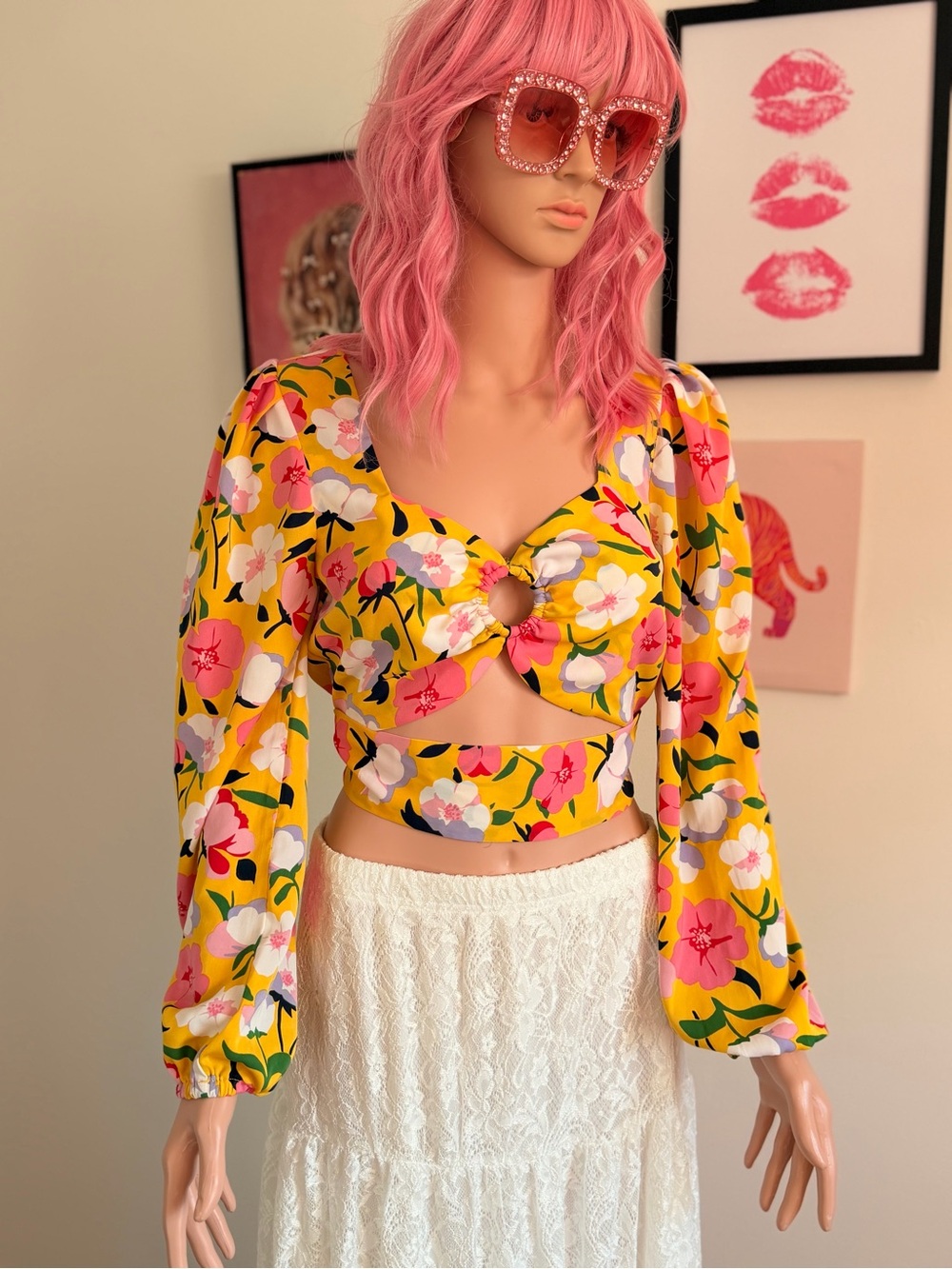 The Sang Yellow Floral Long Sleeve Cutout Wrap Crop Top - Medium